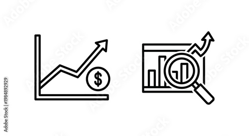 Expense forecast and analysis icons with line chart dollar sign bar graph magnifying glass forecast analysis increase business investment planning statistics calculation accounting overview