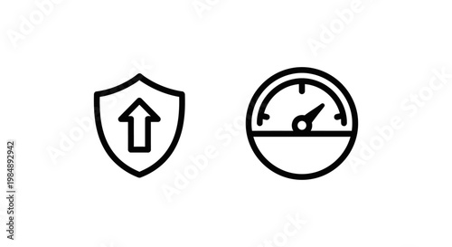 Business risk management icons set featuring risk cap with shield and arrow plus risk limit with speedometer dial management business speedometer security protection strategy investment