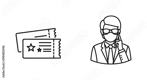 Event ticket system icons featuring business professional character wearing protective face mask and eyeglasses businessman professional protective reservation entertainment pandemic prevention