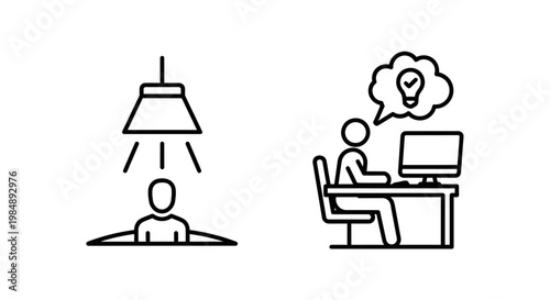 Scrutiny and idea generation concepts with person under spotlight and working at computer with lightbulb thought bubble icons scrutiny inspiration solution lightbulb spotlight thinking computer