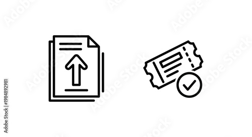 Customer support and ticketing icons for submitting help requests and confirming ticket status with document checkmark customer assistance interface admission corporate business management