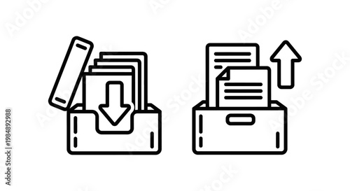 Digital asset archiving and retrieval process with documents moving in and out of storage box icons archiving management document retrieval transfer download organization database business