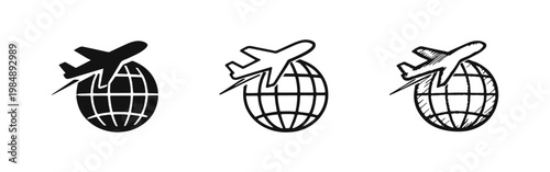 Global Air Travel and Logistics Icons - Plane Flying Over Globe