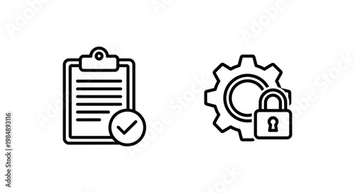 Asset permissions and security settings icons featuring a clipboard checklist and gear with padlock for digital access control and management permission security settings clipboard checkmark