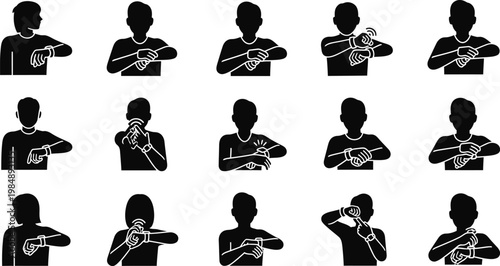 Hand gestures icons: people pointing and checking watches on wrists with body language, pointing fin