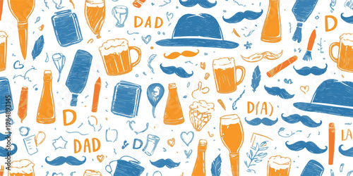 A seamless vector pattern illustration featuring a stylish collection of fashion hats and clothing icons designed in a trendy cartoon style for summer shopping and beach fashion backgrounds