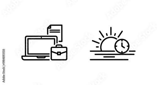 Work and routine start icons illustrating daily business tasks and morning schedule with computer document briefcase business productivity schedule activity beginning progress management