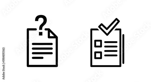 Approval request and approval granted icons for document workflow and decision making with approval document checklist checkmark question workflow decision confirmation acceptance rejection