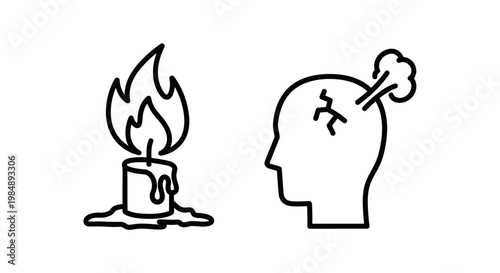 Stress and burnout mental health icons featuring a melting burning candle and a cracked human head profile exhaustion pressure psychology frustration overload deadline depression silhouette