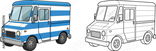 Blue and white striped delivery truck illustration line art version included for customization perfect for transport and logistics concepts