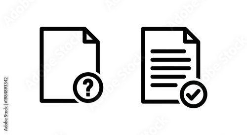Legal dispute case status icons representing open dispute with question mark and resolved dispute status with checkmark on document symbols document question checkmark conflict resolution
