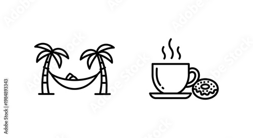 Work life balance icons for rest and break time featuring hammock and coffee with donut relaxation vacation tropical lifestyle breakfast wellness schedule personal