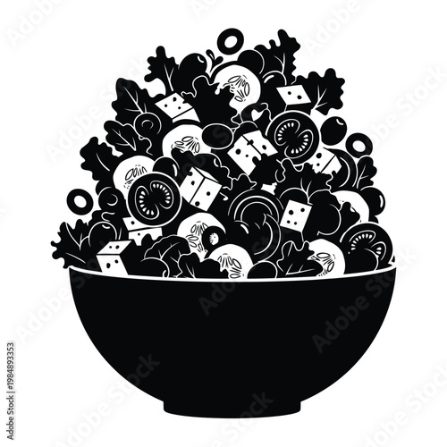 Black and white illustration of a bowl filled with salad ingredients  vegetables and cheese