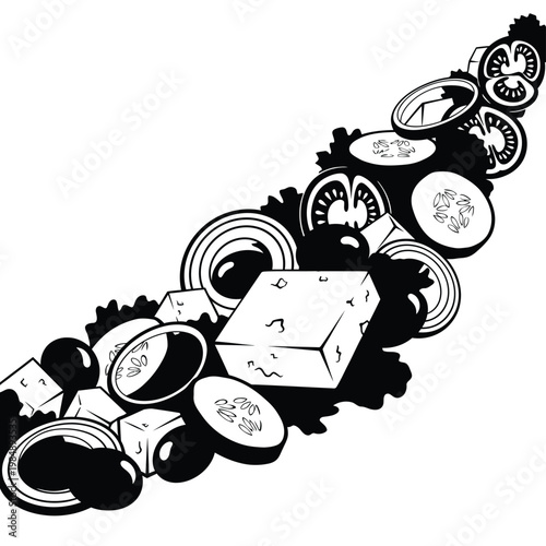 Black and white illustration of cheese and kiwi slices on a table setting  food still life