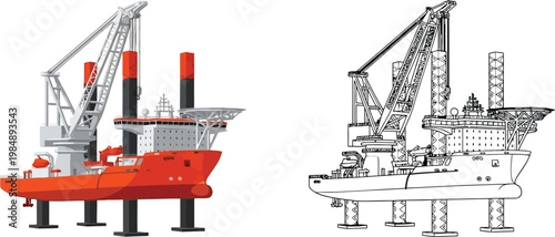 Offshore jack-up rig illustration industrial marine vessel for oil and gas exploration engineering blueprint and colored version
