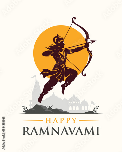A stylized illustration portrays Lord Rama in a dynamic pose with his bow and arrow, signifying the celebration of the Hindu festival of Ram Navami.