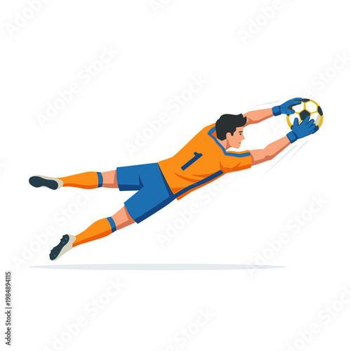 Soccer goalkeeper diving to save a goal during a dynamic match.