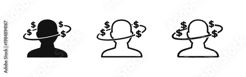 Wealth Thinking and Financial Success Icon Set - Head and Dollar Sign Symbols