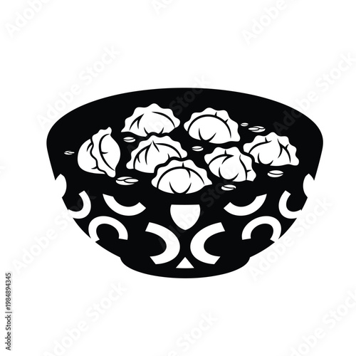Blackandwhite illustration of dumplings in a decorative bowl