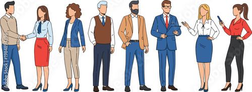 Diverse group of professional business people and office workers standing together in formal wear isolated on white background flat vector illustration