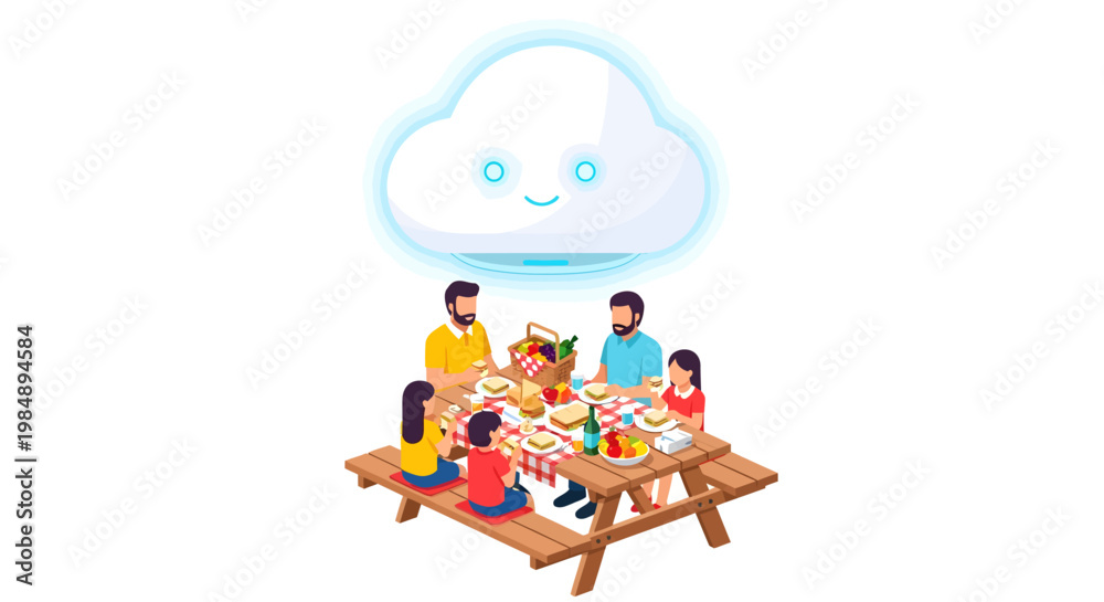 Obraz premium family having picnic under smiling cloud happy outdoor meal