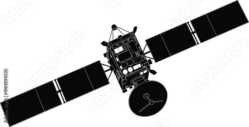 Detailed black silhouette of a space satellite with solar panels and parabolic antenna isolated on white background vector illustration