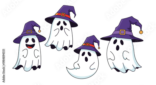 Cute set of four cartoon ghosts wearing colorful witch hats with different expressions for festive Halloween party decorations.