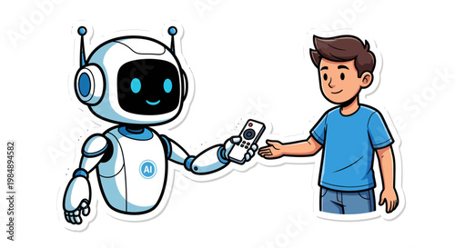 Robot and boy exchanging digital tablet, futuristic interaction
