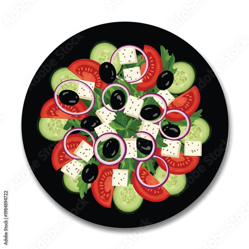 Delicious greek salad with tomatoes cucumbers olives and feta cheese on plate