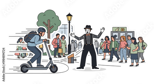 Man on scooter and police officer directing traffic in city