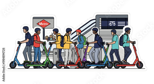 Group of people riding electric scooters on sidewalk