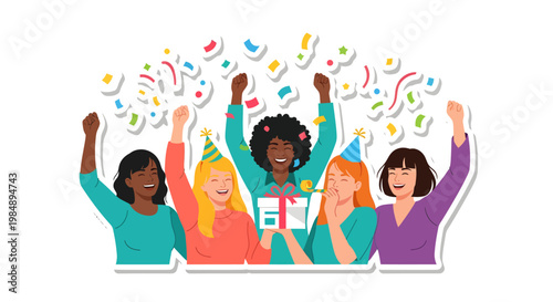Diverse women celebrating with arms raised in joy and excitement