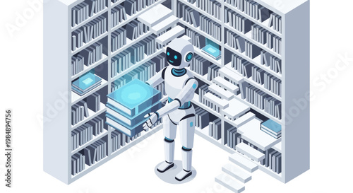 Futuristic AI Robot in a Digital Library with Glowing Books, Isometric Machine Learning and Knowledge Management Concept
