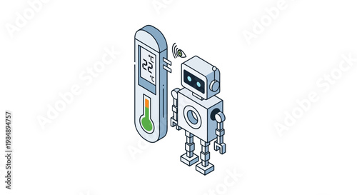 Isometric Robot Monitoring Digital Thermometer for Smart Home Climate Control and AI Temperature Automation Concept