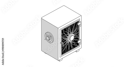 Isometric Line Art of a High-Tech Security Safe Vault with Digital Energy Pattern for Cybersecurity and Data Protection Concepts
