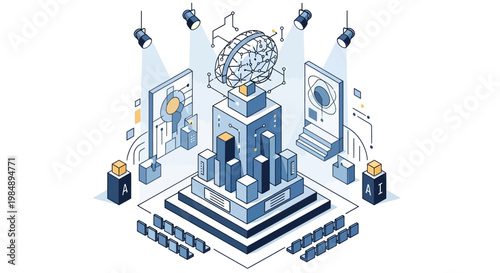 Isometric Artificial Intelligence Concept with Digital Brain on Stage, Spotlights and Neural Network Graphics