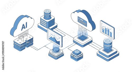 Isometric AI Cloud Computing and Big Data Analytics Network Illustration