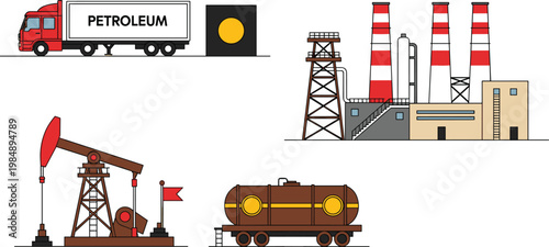 Petroleum Industry Illustration Set Featuring Oil Tanker, Refinery, Oil Pump Jack, and Industrial Factory