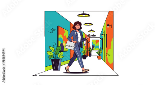 Woman walking down colorful office hallway with plants