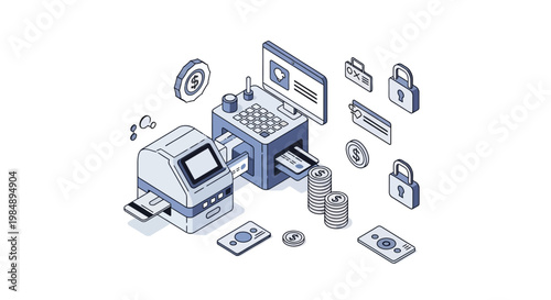 Isometric Financial Technology Concept with POS Terminal, Credit Cards, Coins, and Security Icons Representing Secure Digital Banking and E-commerce Payment Systems