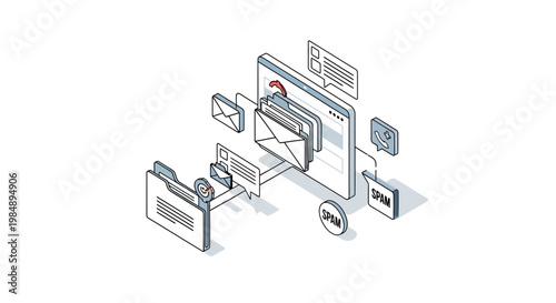 Isometric Email Management and Spam Filtering Illustration: Digital Communication, Inbox Organization, Data Security, and Productivity Concept for Business and Technology.