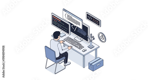 Isometric Software Developer Working at a Desk with Dual Monitors and Web Development Coding Interface Illustration