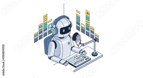 AI Robot Sound Engineer Producing Music or Podcast with Professional Audio Equipment Isometric Vector Illustration