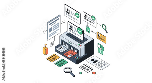 Isometric Illustration of ID Card Scanning and Identity Verification System with Document Processing and Digital Authentication Icons