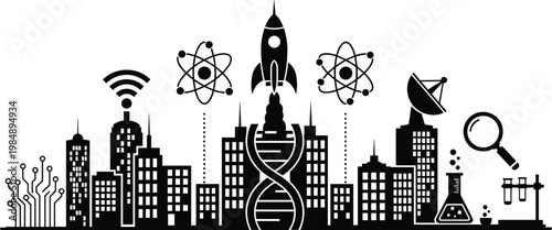 Modern smart city skyline silhouette featuring science and technology icons like rocket launch dna helix atoms and laboratory equipment vector illustration