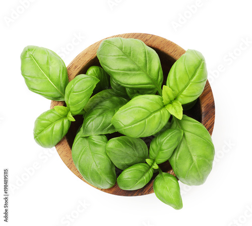 Fresh basil leaves in bowl isolated on white, top view