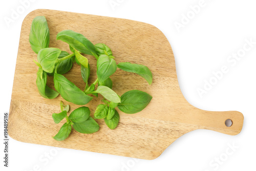 Fresh basil leaves and board isolated on white, top view