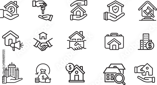 15 Minimalist Real Estate and Mortgage Loan Line Icons Set for Property Investment and Agency