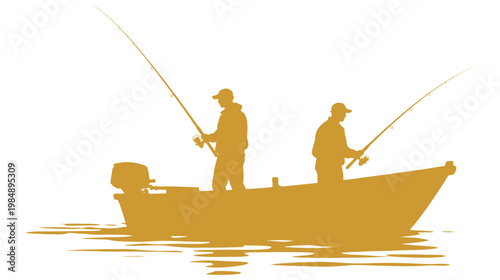 Vector silhouette illustration of two people fishing on a boat