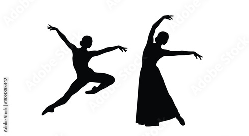 Two flamenco dancers in dynamic poses on transparent background silhouette